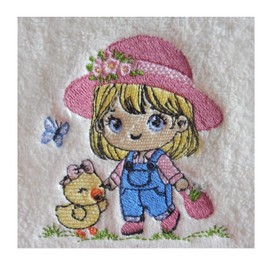 Girl and Chick (1369) - Embroidered Lightweight Soft Patterned Fleece Baby Blanket (Blue Geometric)