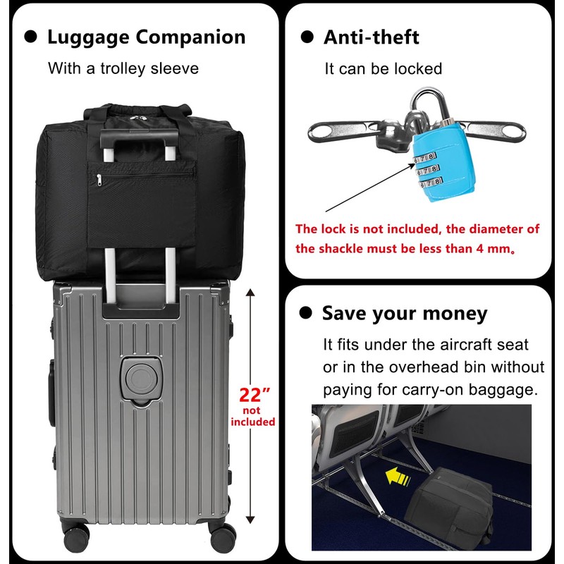 Vimapo Foldable Travel Duffle Bag with Trolley Sleeve 40L -