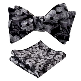 Alizeal Mens Classic Floral Pattern Self-tied Bow Tie and Handkerchief Set, Black+White
