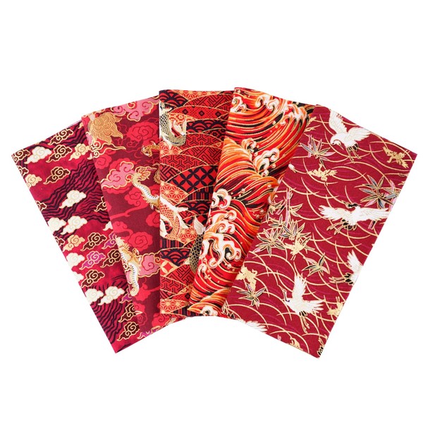 Cotton Fabric, Pack of 5 Red Japanese Style DIY Patchwork
