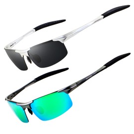 RONSOU Men Sport Al-Mg Polarized Sunglasses Unbreakable for Driving Cycling Fishing Golf Silver Frame Gray Lens Gray Frame Green Lens