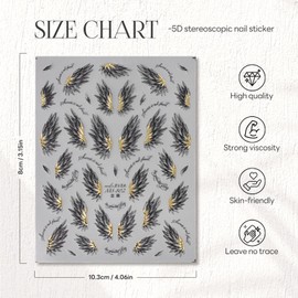 Angel Wings Nail Stickers Dark Gothic Single Wings Manicure Art Decals Self-Adhesive Black Gold Metal 5D Embossed Nail Art Supplies for Women Manicure Decoration Accessories