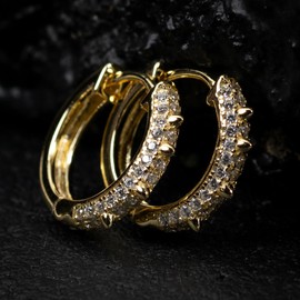 Street Knitted Fully Iced Cz Trendy Small Punk Style Spiked Yellow Gold 925 Sterling Silver Men’s Spike Huggie Hoop Earrings, Medium, Sterling Silver, Cubic Zirconia