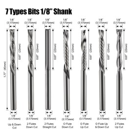 CNC Router Bits Set 1/8" Shank,1/8 end Mill CNC Router bits for polywood, Acrylic，Hardwood etc,1/8" Cutting Diameter Pack of 7