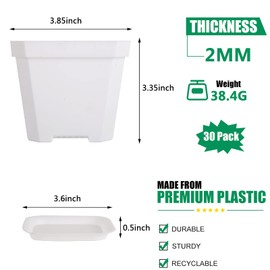 foxany 4" Nursery Pot, 30 Pcs Thick Plastic Square Planting Pots, Plant Seedling Pots, Seed Starting Pots with 30 Saucers - White