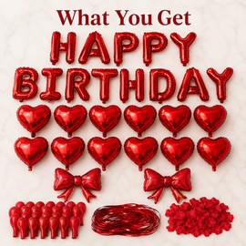Red Birthday Balloon Set with Heart Foil Balloon - Romantic Party Decoration Kit with Bow and Petals for Birthdays and Valentine's Day