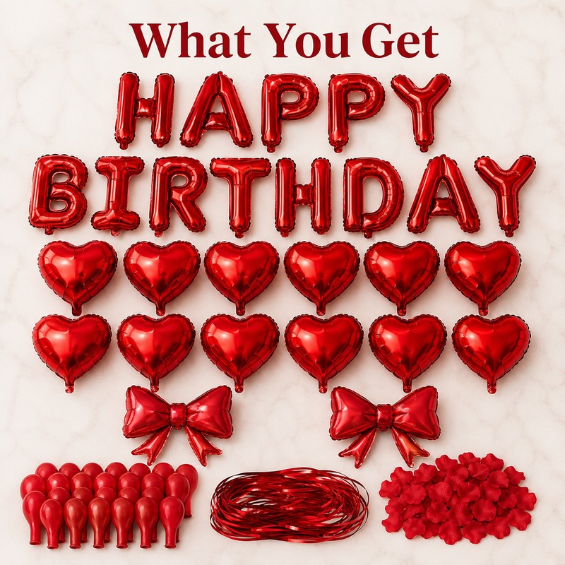 Red Birthday Balloon Set with Heart Foil Balloon - Romantic