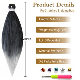 Braiding Hair Pre Stretched Extensions for Braids Hair Extensions Soft Yaki Straight Professional Natural Hot Water Setting Long Braiding Hair(1B/Silver, 24Inch (Pack of 3))