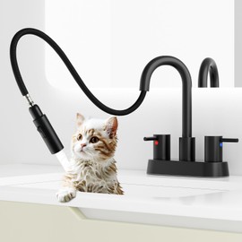 NOHALIPY Stainless Steel Matte Black Bathroom Faucet with Pull Out Sprayer, Black Dual-Function Spout Bathroom Sink Faucet, 4 Inch Two Handle Utility Sink Faucet with Sprayer 3 Hole, Pet Shower, RVs