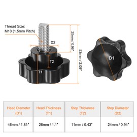 HARFINGTON 4pcs Star Knobs M10 x 25mm 304 Stainless Steel Threaded Stud 46mm Plastic 6-Star Head Hand Tightening Thumb Screw Clamping Jig Knob Handle, Black