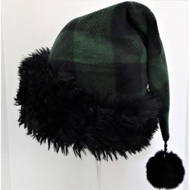 Green Buffalo Check Fleece Santa Hat, Novelty Black Faux Fur Santa Hat, Christmas Party Hat