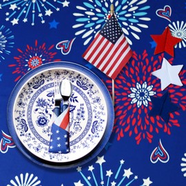4th of July Tablecloth Patriotic Decorations Red White and Blue Print Fireworks Memorial Day Backed Table Cloth American Flag Indoor/Outdoor/Pool/Party (Oblong/Rectangle)