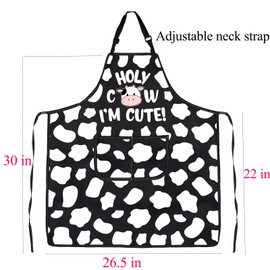 FUSTMW Cow Apron for Men Women Milk Cow Gifts Cow Print Apron with Pockets Ranch Cow Kitchen Baking Chef Gardening Apron (Cow Apron Black)