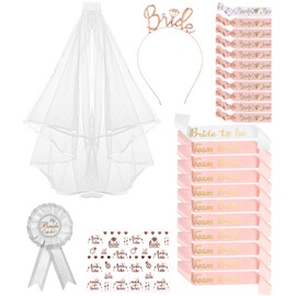 Jissta 27 Pieces Bride to Be and Team Bride Sash Decoration, Women Hen Party Set with Veil, Tiara, Sash, Wrist Strap, Badge and Tattoos, Jga Sash Accessories, White