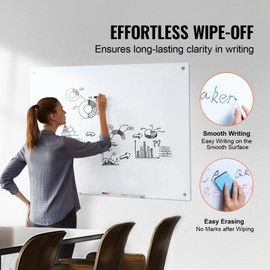 HappyBuy Magnetic Glass Whiteboard, 48"x32", Wall-Mounted, Large, Frameless, White, with Tray, Eraser, 2 Markers