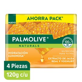 Jabón en Barra Palmolive Naturals, Hidratación Luminosa,Extracto de Jalea Real y Yoghurt, 4x120gr, paquete de 480g