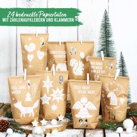 Papierdrachen Extravagant Advent Calendar for Filling - with 24 Brown Gift Bags and 24 Number Stickers - White Forest Animals Motif - for Crafts and Gifting - Christmas and Advent