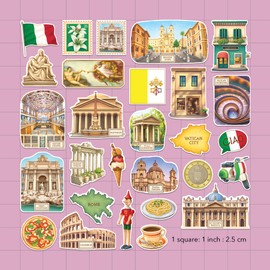 Navy Peony Historical Rome Travel Stickers (28pcs) - Gouache Style, Waterproof, Italy Roman Vatican-Themed Vacation Decals for Scrapbooks, WaterBottle
