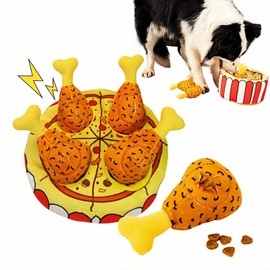 Squeaky Chicken Dog Toy with Hide & Seek Food Pockets & Pizza Tub - Interactive Plush Puppy Toys for Mental Stimulation, Boredom Relief & Training (4 Chicken Legs Included)