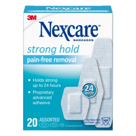 Nexcare Strong Hold Pain-Free Removal Bandages, Assorted Sizes, 20 Count – Gentle, Hypoallergenic Adhesive for Sensitive Skin