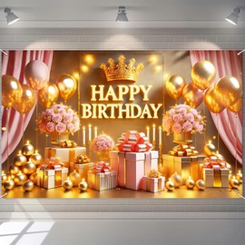 BlissYard Golden Birthday Banner Happy Birthday Banner 71x43 Inch Gold Photography Background Crown and Elegant Gift Accents Large Gold Birthday Banner Party for Women Home Decorations Supplies