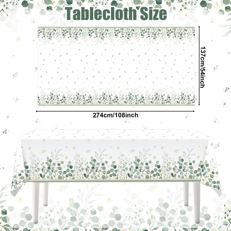Lianxuia 3Pcs Sage Green Tablecloth, 54 x 108 Inch Eucalyptus