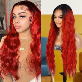 STUDIOCUT BY PROS Loose Deep Wave 30 Inch Soft Swiss Lace Front Wig for Black Women Middle Part Curly Long Wavy Heat Resistant Synthetic Wigs DPL003 (30 Inch, OTRED)