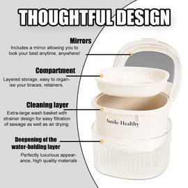 Denture Case Kit, Retainer Cleaner Case with Cleaning Brush, Retainer Cleaning Denture Bath Cup with Mirror Use in Denture Bridges, Partial Dentures, Traditional Braces for Travel