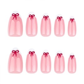 SINHOT Almond Press on Nails Medium Fake Nails Glossy Glue on Nails Red Bowknot Acrylic Nails Stiletto Artificial Nails White French Tip False Nails with Design 24 pcs