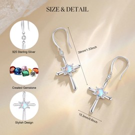 FANCIME Moonstone Cross Dangle Drop Earrings 925 Sterling Silver Dainty Round June Birthstone Earring Fine Jewelry Birthday Gifts for Her Women