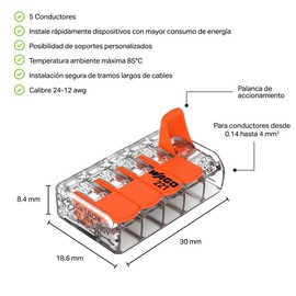 WAGO | Conector de Empalme Eléctrico de Palanca, Conexión Segura de 5 Polos 221-415, Pack de 25pz