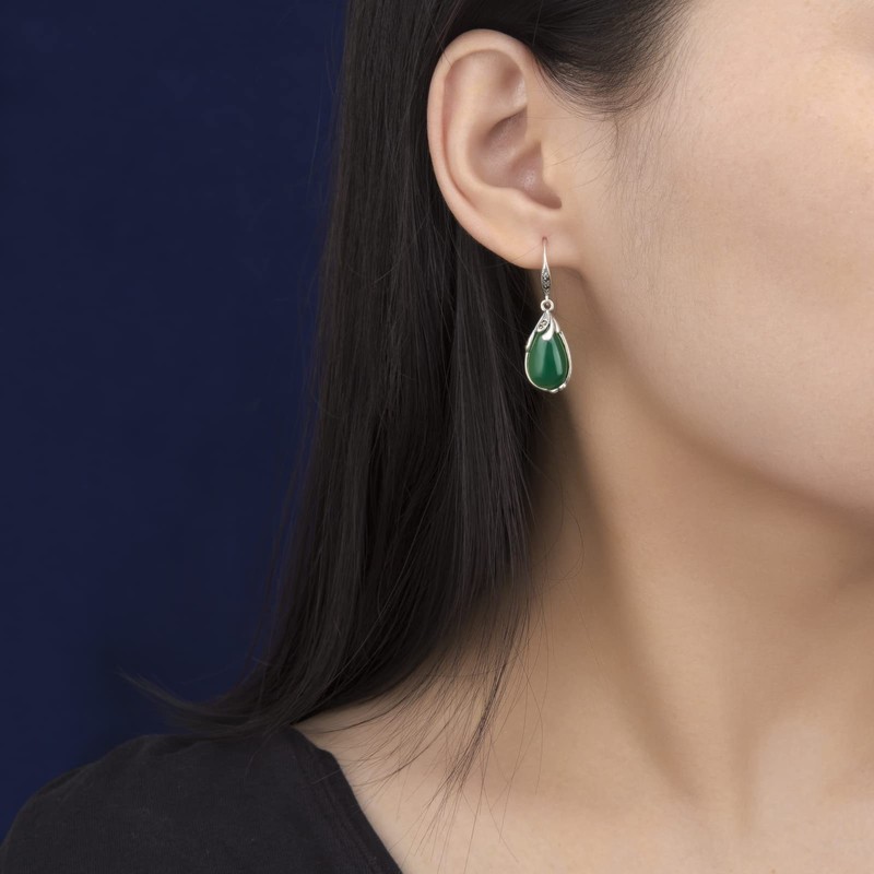 JadeAngel Marcasite Earrings, 925 Sterling Silver Marcasite Chalcedony Dangle Earrings