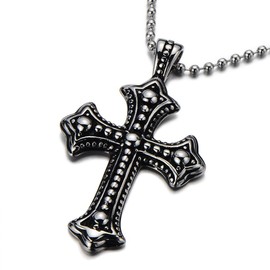 COOLSTEELANDBEYOND Gothic Vintage Cross Pendant Necklace Stainless Steel Unisex Silver Black Two-tone 23.6 in Ball Chain(CA)