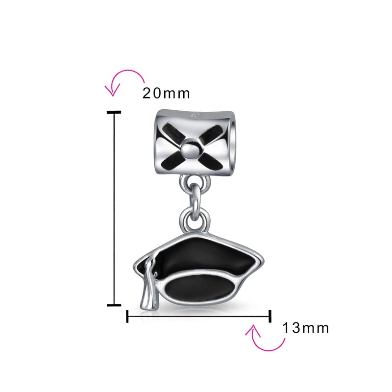 Black Enamel Graduation Cap Dangle Charm Bead .925 Sterling Silver