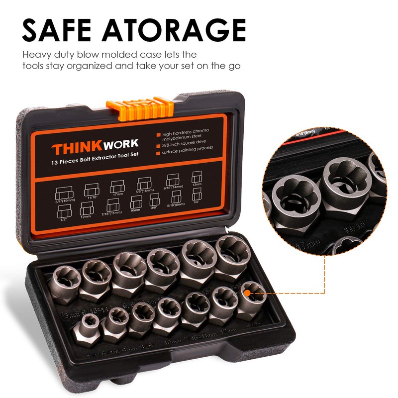 THINKWORK Bolt Extractor Kit, 13+1 Pieces Nut Extractor Socket Set,