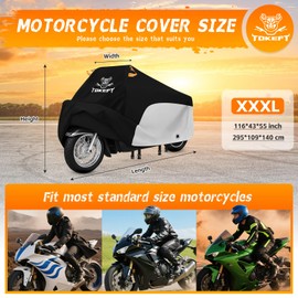 Tokept Motorcycle Cover, All-Weather Universal Motorcycle Outdoor Waterproof Cover with Locking Holes & Reflective Strips for 116″ Yamaha Honda Motorbike Accessories(Black&Silver)
