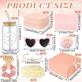 HOMENERGY Bridesmaid Proposal Gifts Set 2 - Will You Be My Bridesmaid Kit with Elegant Box Jewelry Box Glass Cup Invited Cards Knotted Bracelets Sunglasses Scrunchies Raffia Grass (Pink, 18Pcs)