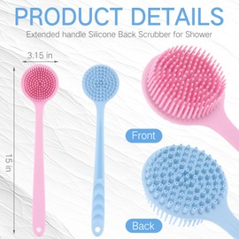 Sunnyray 2 Pack Scrubber Anti Slip for Shower, 15 Inch Soft Silicone Bath Body Brush Back Scrubber with Long Handle, Improved Skin Health Can Produce Foam for Men and Women (Pink,Nordic Blue)