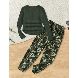 Glaoly Teen Girl Clothes Size 15 16 Ruched Drawstring Ribbed Knit Long Sleeve Top Camouflage Pants Girls' Clothing Sets 2 Piece
