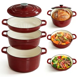 Enameled Cast Iron Dutch Oven Set - 4 Piece 1.3Qt, 2.6Qt and 4.8Qt Dutch Oven with Lids, Cast Iron Dutch Oven for Sourdough Bread Baking, Non Stick Cast Iron Pots and Pans Sets, Space-Saving Cookware Set for Cooking, Stews, Braising, Roasting, Classic Re