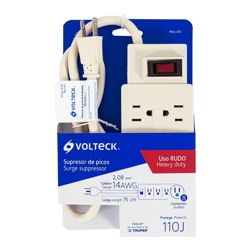 Volteck MUL-811, Multicontacto uso rudo, 8 entradas, supresor, 110 joules