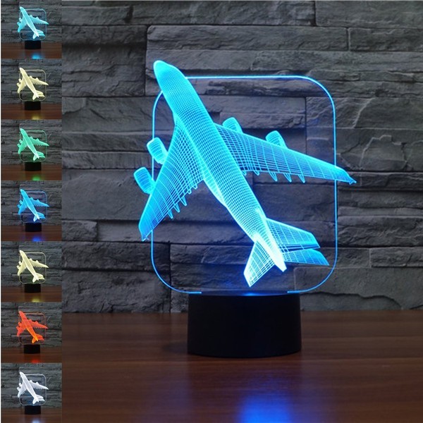 3D Airplane Plane Night Light 7 Color Change LED Table Desk Lamp Acrylic Flat ABS Base USB Charger Home Decoration Toy Brithday Xmas Kid Children Gift
