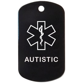 Autistic Medical Alert ID Necklace with Black Tag, Black Silencer, and 30'' USA Chain - 154 Color Choices