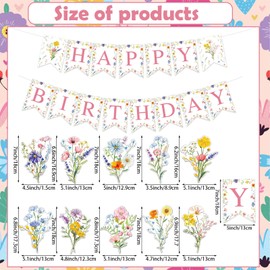 Flower Happy Birthday Banner and 10 Hanging Swirl Garland Sign Wildflower Floral Garland Banner Party Decorations for Girls Women Birthday Baby Shower Party Supplies