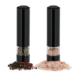 Relaxdays Salt and Pepper Mill, Set of 2, Stainless Steel, Ceramic Grinder, Electric Spice Mill, with LED Light, Black