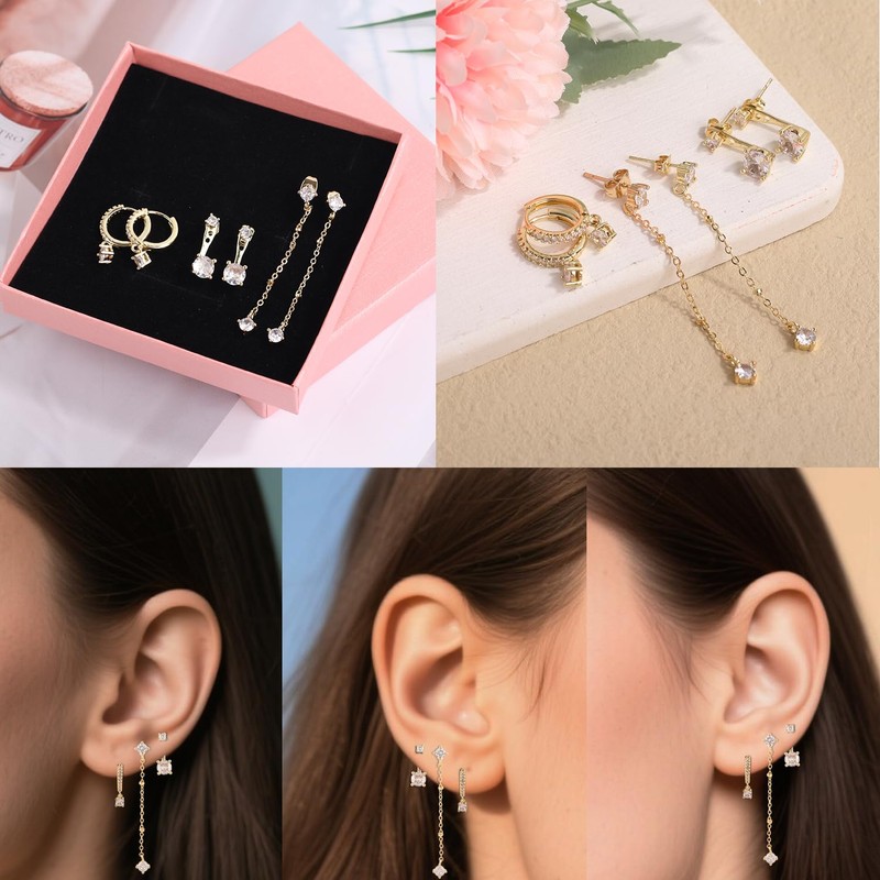 Mikovivi 3 Pairs Gold Stackable Earrings Set, Gold Dangle Earrings