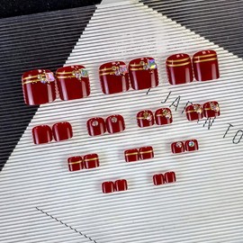 AkiliBIELY Glitter Rhinestone Cherry Press on Toenails for Women Red Gold Toe Nail Press ons Bling Cute Fantasy Toe Press on Nails Acrylic Full Cover Fake Toe Nails for Wedding Birthday