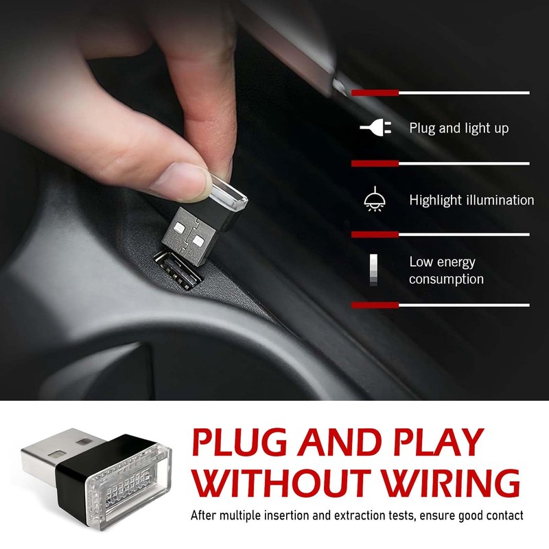 Zikefest 4PCS USB LED Car Interior Atmosphere Lamp, Mini LED