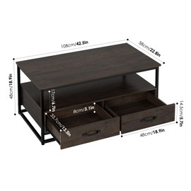 BOTLOG Coffee Table with Storage, Rustic Wood and Metal Center Table with 2 Drawers and Shelf for Living Room, Office, Rustic Brown and Black