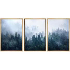 SIGNWIN Framed Canvas Print Wall Art Woodland Nursery Decor Set Blue Fog Pine Tree Mountain Range Forest Nature Realism Decorative Rustic for Living Room, Bedroom, Office - 16"x24"x3 Natural